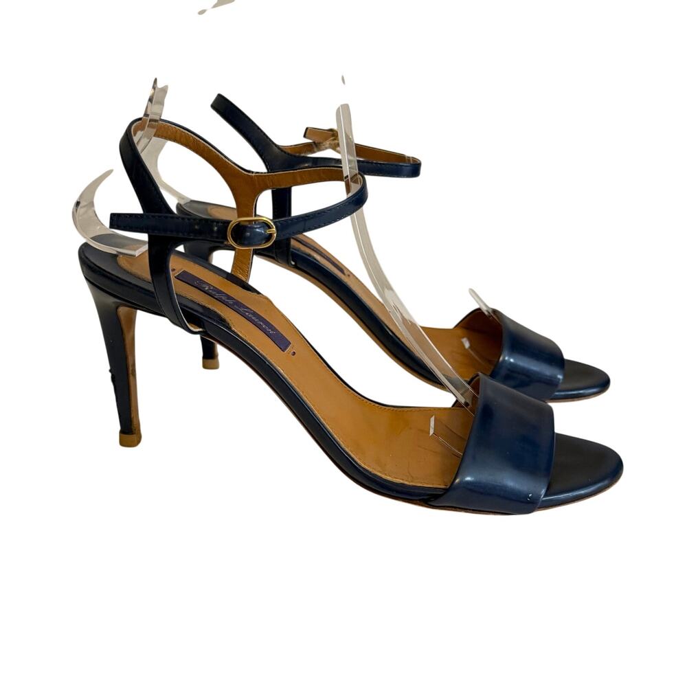 Ralph Lauren Ankle Strap Heels Sandals Size 8.5 Blue Patent Leather Purple Label